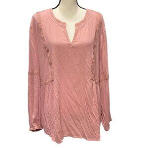 J Jill Gauze Lagenlook Peasant Top Sz XL Crotchet Lace Trim Boho Pink Gauze